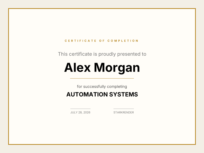 Rendered certificate generated from an HTML template with StarkRender
